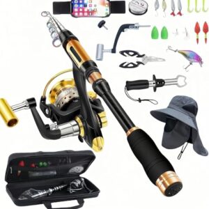 BNTTEAM Neue Tragbare Angelrute 99% Kohlefaser mit fluoreszierender Ruten Spitze, Teleskopische Super Harte Ultraleichte Angelstange für Reise Surf Boot (Full Combo Set-B, 3.6M/141.7in/11.81ft)