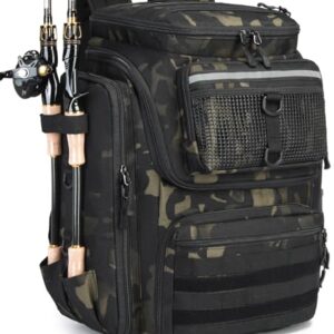 Angelrucksack mit Rutenhaltern, 45L große Angeltasche, wasserabweisend, Angelausrüstung für Angeln, Wandern, Camping, Trekking