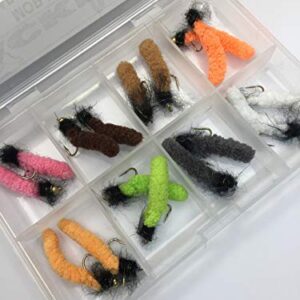 Ein Set für Fliegenangeln mit verschiedenen Ködern, darunter Köder mit 16 Perlenköpfen und Mop-Fliegen, in einer praktischen Box mit Clip-Verschluss.