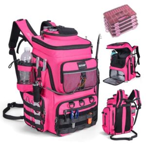 Angelrucksack mit 4 Köderbox Angeln, 55-Liter Angelzubehör-Rucksack mit Zwei Rutenhaltern und Regenschutz, Wasserabweisender Rucksack für die Angel-Ausrüstung