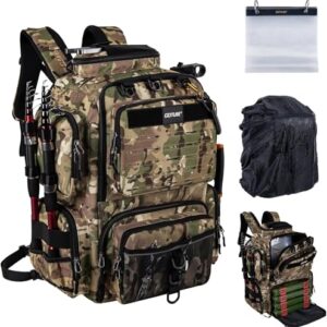 Goture Angelrucksack 45L, 600D Angelgerätetasche mit 2 Rutenhaltern, Regenschutz & Softbait-Tasche, Wasserdichter Fischerrucksack für Köderboxen, Zubehör & Outdoor Camping, Camouflage