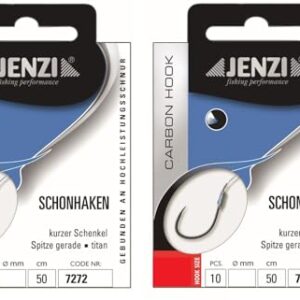 Zwei Sets Jenzi-Schonhaken ohne Wiederhaken, 20 Stück, 50cm Hakengröße 4-14 mm, je nach Auswahl + gratis Petri Heil! Aufkleber