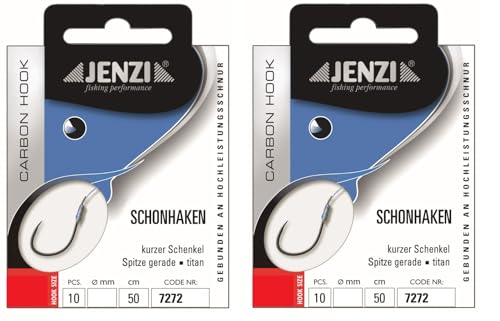 Zwei Sets Jenzi-Schonhaken ohne Wiederhaken, 20 Stück, 50cm Hakengröße 4-14 mm, je nach Auswahl + gratis Petri Heil! Aufkleber