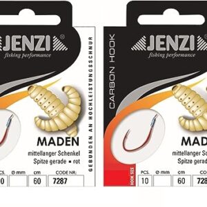 Set mit 2 Packungen gebundenen Maden-Haken von Jenzi, ideal für den Fang von Maden, Friedfisch und Karpfen, inklusive Petri Heil! Aufkleber.
