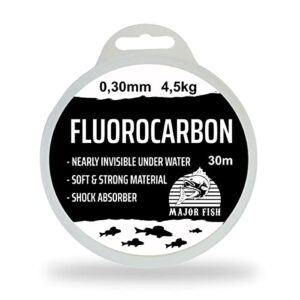 100% Fluorocarbon Vorfachschnur von Major Fish, 30 Meter lang, 0,30 mm Durchmesser, ideal für Spinnfischen und Zander-Angeln
