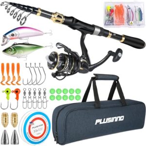 PLUSINNO Combos Angelrute und Angelrolle, Kohlefaser Teleskop Angelrute mit Spule, Angelkombi Set für Salzwasser Süßwasser, ideal für Anfänger und Fortgeschrittene