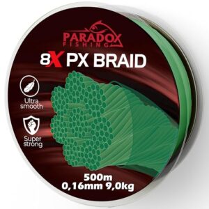 Paradox Fishing 8X PX geflochtene Angelschnur in Tarngrün 500 Meter lang, 0,16 mm Durchmesser, 9,0 kg Tragkraft, geflochtene Angelschnur mit hoher Knotenfestigkeit