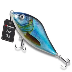 Robinson Angelkoder für große Raubfische, Jerkbait Wobbler, Spinning und Trolling geeignet, DREI Tiefenvarianten - Sniper (Blau, 70mm - 18g - Sinkend)
