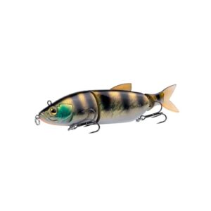 SHIMANO Lure Yasei Soul Swim SS - 160mm 0m-1,5m Perch. Ein langer, grüner Fischschwarm im Wasser, umgeben von Blättern und Blüten.