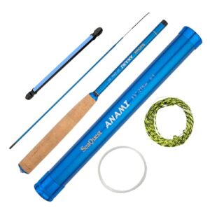 Kompaktes und tragbares Set für das Tenkara Angeln mit einer blauen Rute von Anami, Luren und Ring auf weißem Hintergrund