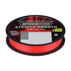 Hochwertige Angelschnur Spiderwire Stealth Smooth8 X8 PE Braid, 300 Meter lang, mit Code RED Farbe und Durchmesser von 0,23 mm sowie einer Tragkraft von 23,6 kg. Ideal für Raubfischangeln.