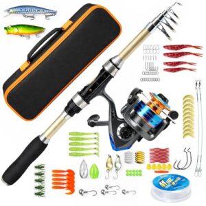 Teleskop Angelrute Set mit Rolle, Spinnrute aus Fiberglas, komplettes Angelset für Süß- & Salzwasser Reiseangeln