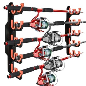 Fischer Rutenhalter Wand, Rutenhalter Angelzubehör Set für die Garage, Angelrutenhalter mit 4 orangen Haken und schwarzer Basis, ideal für Fischereiausrüstung