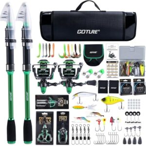 Goture Angelset Komplett mit 2 Teleskop Angelrute 24T Carbon, 2 Spinnrolle mit 9+1 Edelstahlkugellager, Profi Angel Zubehör Set inkl. Angelschnur und Tasche für Forelle, Hecht, Süß- und Salzwasser