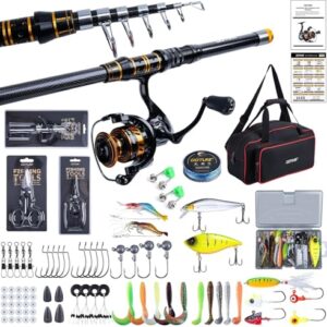 Goture Angelset mit Teleskop-Angelruten, 24T Carbon, 2,4m Angelrute Set Komplett 5.2:1 Spinnrolle, 150m/14kg Schnur, Köderbox & Tragetasche für Salz-/Süßwasser, Reisen - Angelgeschenk