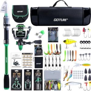 Goture Angelset mit Teleskop-Angelruten und Spinnrolle für Salz- und Süßwasser-Ausflüge, inklusive Köderbox und Tragetasche