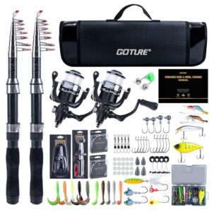Goture Angelset, 2 Teleskop-Angelruten, 1,9m Angelrute Set Komplett, Spinnrolle, Schnur, Köderbox & Tragetasche für Salz- und Süßwasser, Reisen, Angelgeschenk