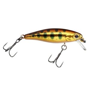 Fischangelhaken Illex Tiny Fry 38 SP Copper Yamame mit kupferfarbener Schleife und gelber Handgriff mit schwarzen Punkten, Goldaugen und metallischer Oberfläche