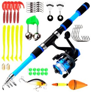 Angelset für Kinder, Kinder Angelruten Set, 1.8m Teleskop-Angelrute mit Angelrolle und Köder Set, Blauer Angelzubehör für Kinder von 3-10 Jahren