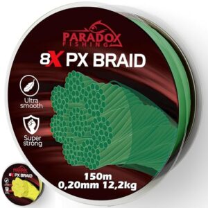 Paradox Fishing 8X PX geflochtene Angelschnur in Tarngrün, 150m Länge, 0,20mm Durchmesser und 12,2kg Tragkraft