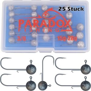 Paradox-Fishing-Jigköpfe-Set 3/0 25x I je 5X 15g/18g/21g/24g/28g Jig Köpfe Gummifisch mit Jighead für Gummifische Zander Angelzubehör