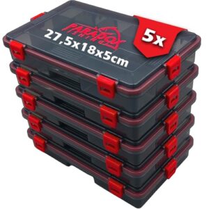 Fünf wasserdichte Paradox Fishing Köderboxen in der Größe M, ideal für das Angelsortiment und Angelzubehör