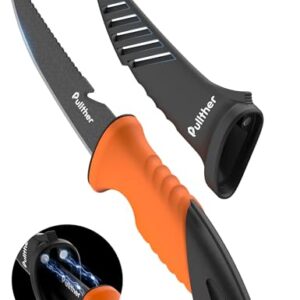 Pull-Thru Angelmesser 130mm, Fischmesser aus Edelstahl mit rutschfestem Griff und gezacktem Rand, multifunktionales Angel-Zubehör mit magnetischer Messerscheide