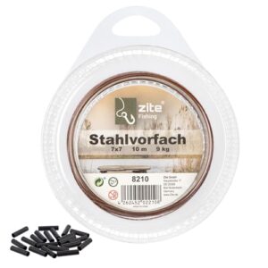Vorfachmaterial für Raubfische, Zite Fishing Premium Line, 10m Spule mit 20 Quetschhülsen, Nylonummantelung in Braun