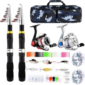 Zwei Teleskopangelruten mit Rolle, Spinnrad und Köderschublade - perfektes Angelstarterset für Anfänger und erfahrene Angler