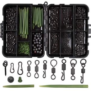 300stk Karpfen Angelwirbel Snaps Kit, Mattschwarze Schnellwechsel Rollender Wirbel, Speed Links, Anti-Tangle Ärmel, Haken stoppt Perlen Schrauben Rigs mit Angelzubehör Box, ideal für das grobe Meeresangeln auf Karpfen