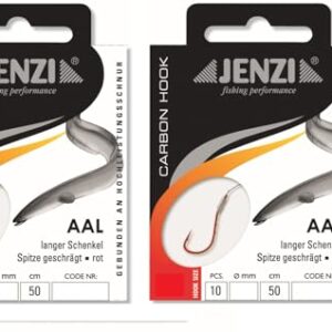 Ein Set mit 2 Packungen Aal Haken von Jenzi, jeweils 20 Stück, auf Mono Schnur Vorfach montiert, inklusive Petri heil! Aufkleber