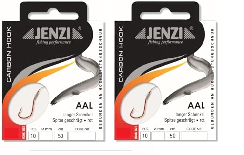Ein Set mit 2 Packungen Aal Haken von Jenzi, jeweils 20 Stück, auf Mono Schnur Vorfach montiert, inklusive Petri heil! Aufkleber