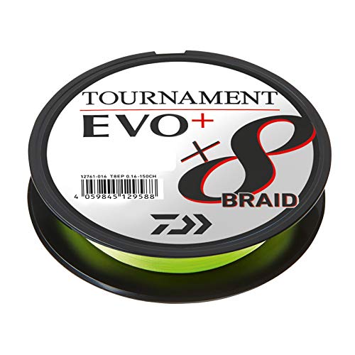 Detaillierte Ansicht einer geflochtenen Angelschnur von Daiwa, modell Tournament X8 Braid EVO+ mit 0,14mm Durchmesser und 135m Länge in Chartreuse Farbe.