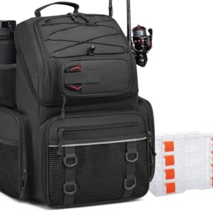 Fischangelrucksack mit Kühlfach und Rutenhalter - wasserabweisendes Angelzubehör für Angeln, Camping und Wandern (Schwarz)