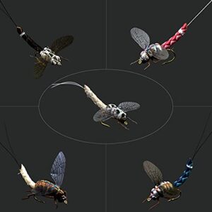 Ein Fliegenfischer-Set mit einer Auswahl an Nymphen, Trockenfliegen und Nassfliegen, darunter auch realistische Fliegen (Ephemera), auf einem Hintergrund. Das Set ist perfekt für Fortgeschrittene und Anfänger geeignet.
