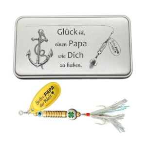 Glücks-Fish-Geschenkset in edler Metallbox, personalisierte Gravur, hochwertiger Angelköder und Glücksbringer für den Vatertag, Geburtstag oder Valentinstag