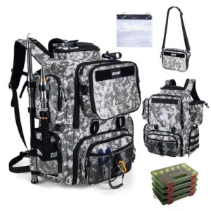 Angelrucksack mit 4 Köderboxen, abnehmbare Umhängetasche und Rutenhaltern, ideal für Outdoor-Camping-Wandern
