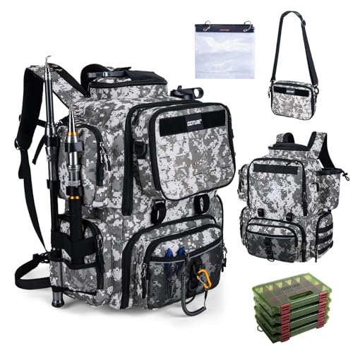 Angelrucksack mit 4 Köderboxen, abnehmbare Umhängetasche und Rutenhaltern, ideal für Outdoor-Camping-Wandern