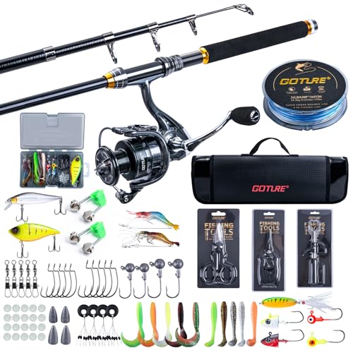 Goture Angelset mit Teleskop-Angelruten (24T Carbon), 2,1m Angelrute Set Komplett 5.2:1 Spinnrolle, 150m/14kg Schnur, Köderbox & Tragetasche – für Salz-/Süßwasser, Reisen–Angelgeschenk