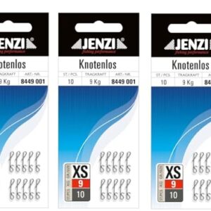 Drei Packungen von Jenzi Knotenlos Schnurverbindern mit insgesamt 30 Stücken, jede verpackt in einer blauen und weißen Umhüllung. Zwei Pakete sind noch geschlossen, ein drittes ist geöffnet und zeigt die Schnur darin.