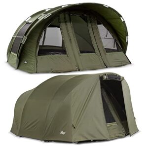 Komfortables Angeln mit dem Lucx Leopard XXL Bivvy Angelzelt - großes Karpfenzelt mit Überwurf (Winterskin), herausnehmbarer Bodenplane & 10.000 mm Wassersäule