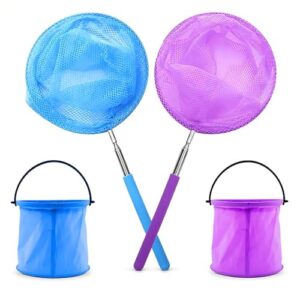 Zwei faltbare Kescher für Kinder mit 2 Fächer für Fische, Teleskopgriff von 38-85 cm, ideal für Gartenaktivitäten im Freien, Blau und Lila