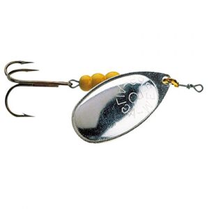 Mepps Agila Gr. 5 Silber Spinner, ein klassischer Angelfluss mit silberfarbener Optik und Federn für den Einsatz in verschiedenen Gewässern.