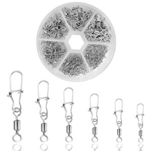 QMLING 110 Stück Wirbel Angeln Set, Angelwirbel mit Karabiner, Angeln Wirbelkarabiner mit Sortierbox, Angelzubehör 6 Größen 2# 4# 6# 8# 10# 12#, hochwertige Karbonstahl-Wirbel mit schwarzer Nickelbeschichtung, perfekt fürs Angeln