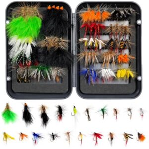 Fliegenfischen Set, 80 Stück Fliegen, verschiedene Muster und Köder, Fly Fishing Zubehör für Forellenbarschangeln, inklusive Trockenfliegen und Nassfliegen
