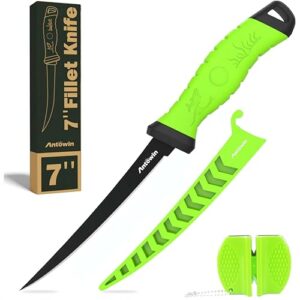 Antowin 17,8cm Filettiermesser Fisch mit SharkGrip Griff, scharfem Messer zum Angeln und Filetieren, inkl. Messerschutzhülle & XL Schärfer