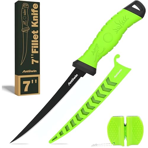 Antowin 17,8cm Filettiermesser Fisch mit SharkGrip Griff, scharfem Messer zum Angeln und Filetieren, inkl. Messerschutzhülle & XL Schärfer