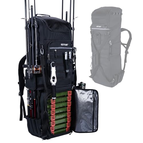 Goture Angelrucksack, 116-Liter Angelzubehör-Rucksack mit Zwei Rutenhaltern und Regenschutz, 600D Oxford-Gewebe Wasserabweisende Angelgerätetasche mit verstellbarem Fach