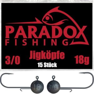 Paradox Fishing Jigköpfe Set 15x 18g 3/0, hochwertige Ausrüstung für jeden Angler mit Jigköpfen und Gummifisch für Barsch, Hecht und Zander Angelzubehör