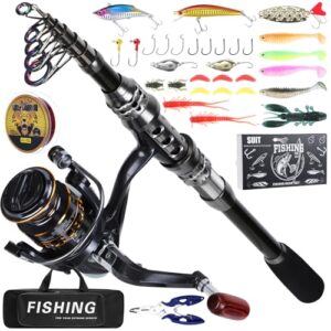 Einfaches und langlebiges Angelruten-Set aus Kohlefaser für jeden Angler. Komplett mit Teleskop-Angelrute, Spinnrolle, Angelschnur, Angelköder und Tragetasche.
